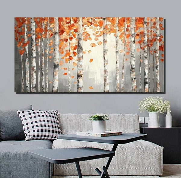 Large Wall Art for Bedroom, Modern Paintings for Living Room, Acrylic Painting on Canvas, Palette Knife Canvas Art, Autumn Birch Tree Painting, Original Canvas Art-Grace Painting Crafts