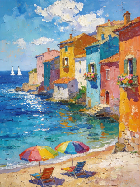 Buy Original Paintings, Seashore Town Harmony, Summer Resort, Original Landscape Art, Hand Painted Canvas Art, Small Paintings On Canvas, Heavy Texture Wall Art Paintings-Grace Painting Crafts
