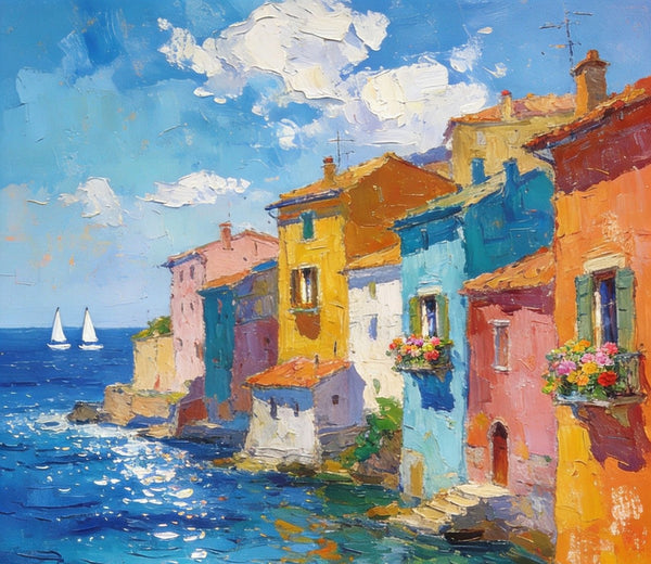Buy Original Paintings, Seashore Town Harmony, Summer Resort, Original Landscape Art, Hand Painted Canvas Art, Small Paintings On Canvas, Heavy Texture Wall Art Paintings-Grace Painting Crafts