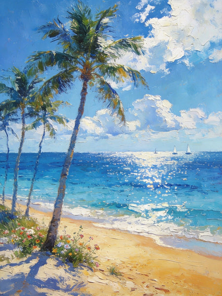 Heavy Texture Wall Art Paintings, Tropical Coastal Bliss, Beach Palm Tree Paintings, Hand Painted Canvas Art, Buy Paintings Online, Original Landscape Art, Small Paintings On Canvas-Grace Painting Crafts