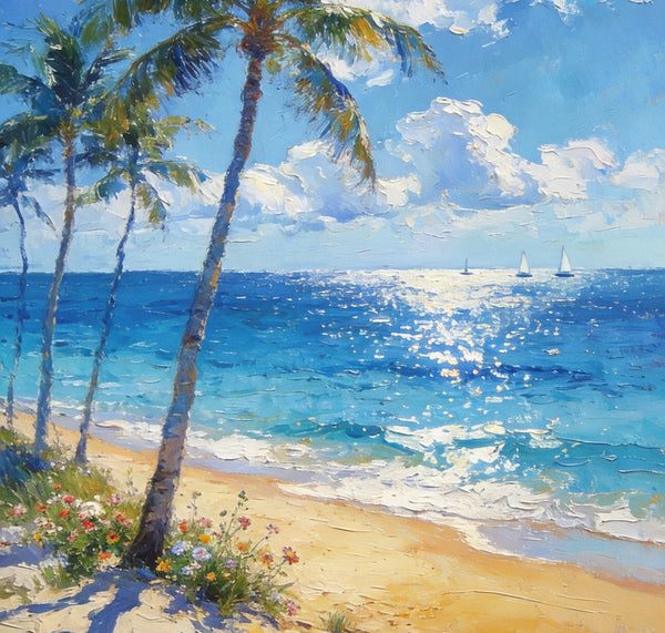 Heavy Texture Wall Art Paintings, Tropical Coastal Bliss, Beach Palm Tree Paintings, Hand Painted Canvas Art, Buy Paintings Online, Original Landscape Art, Small Paintings On Canvas-Grace Painting Crafts