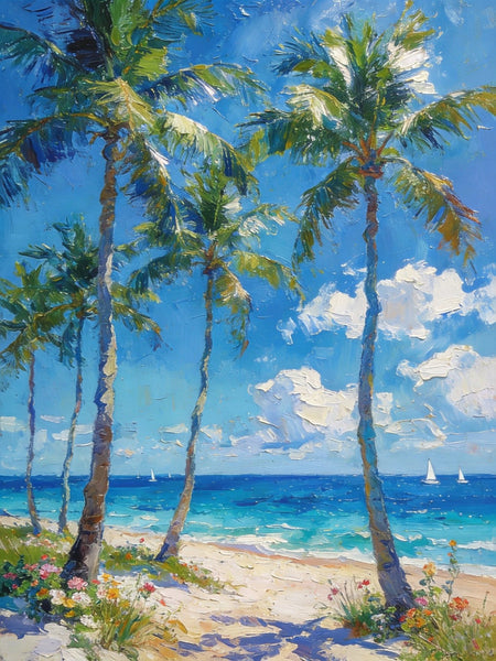 Beachside Haven, Palm Tree Seashore Paintings, Original Landscape Paintings, Canvas Paintings for Dining Room, Heavy Texture Artwork, Small Oil Paintings, Hand Painted Canvas Art-Grace Painting Crafts
