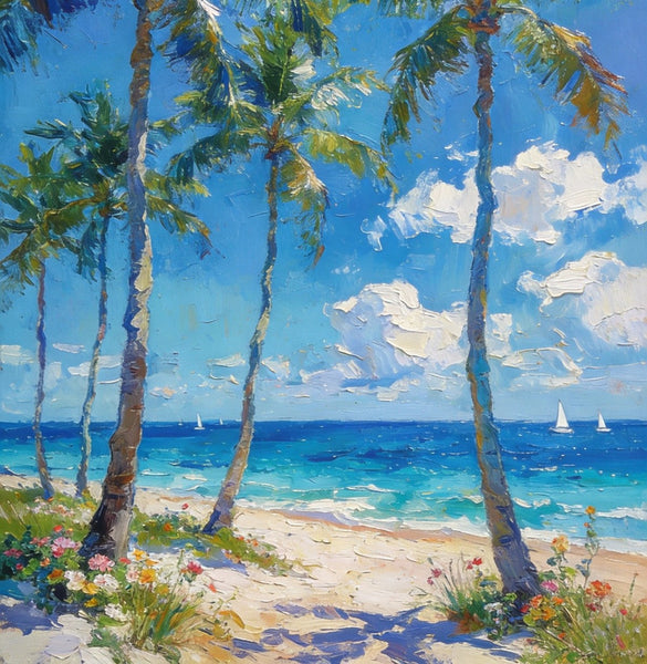 Beachside Haven, Palm Tree Seashore Paintings, Original Landscape Paintings, Canvas Paintings for Dining Room, Heavy Texture Artwork, Small Oil Paintings, Hand Painted Canvas Art-Grace Painting Crafts