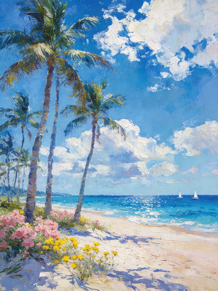 Original Landscape Paintings, Palm Fringed Beach, Summer Resort, Beach Paintings, Small Oil Paintings, Hand Painted Canvas Art, Buy Paintings Online, Canvas Paintings for Bedroom-Grace Painting Crafts