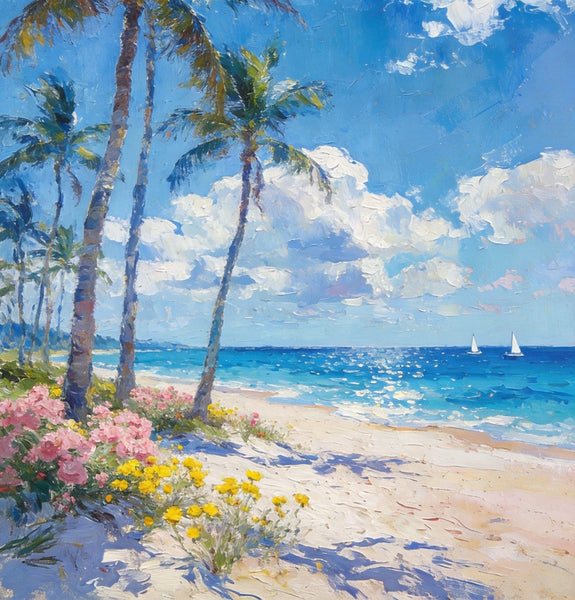 Original Landscape Paintings, Palm Fringed Beach, Summer Resort, Beach Paintings, Small Oil Paintings, Hand Painted Canvas Art, Buy Paintings Online, Canvas Paintings for Bedroom-Grace Painting Crafts