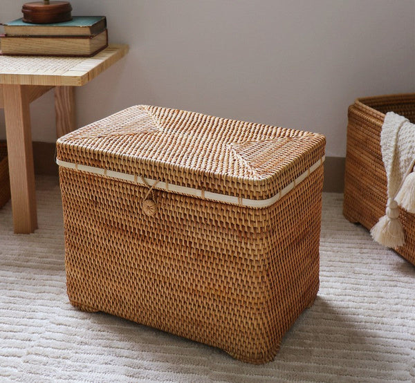 Oversized Storage Baskets for Bedroom, Rectangular Woven Storage Baskets for Clothes, Large Rectangular Storage Basket with Lid, Rattan Storage Case-Grace Painting Crafts