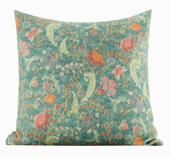 Garden Flowers Pattern Decorative Throw Pillows, Large Green Throw Pillow for Interior Design, Geomeric Contemporary Square Modern Throw Pillows for Couch-Grace Painting Crafts