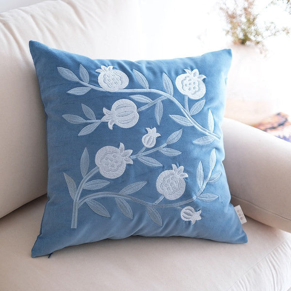 Living Room Decorative Pillows, Blue Embroidered Pomegranate Cushion, Large Decorative Pillows for Couch, Modern Throw Pillows for Bedroom, Decorative Pillow Arrangement Ideas for Couch-Grace Painting Crafts