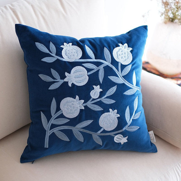 Large Decorative Pillows for Couch, Living Room Decorative Pillows, Blue Embroidered Pomegranate Cushion, Modern Throw Pillows for Bedroom, Decorative Pillow Arrangement Ideas for Couch-Grace Painting Crafts