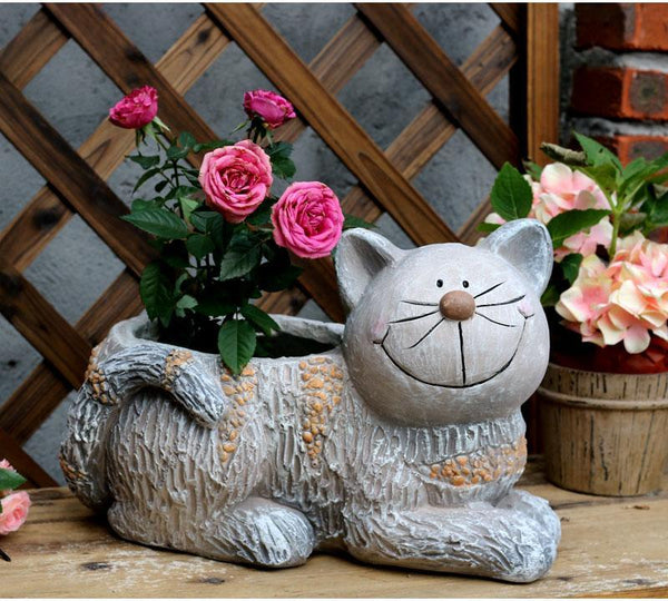 Large Cat Statue, Sitting Cat Flower Pot Statue, Pet Statue for Garden Courtyard Ornaments, Villa Outdoor Decor Gardening Ideas-Grace Painting Crafts