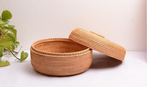 Rattan Basket, Storage Basket with Lid, Woven Basket for Kitchen, Storage Basket for Dining Room, Round Storage Basket-Grace Painting Crafts