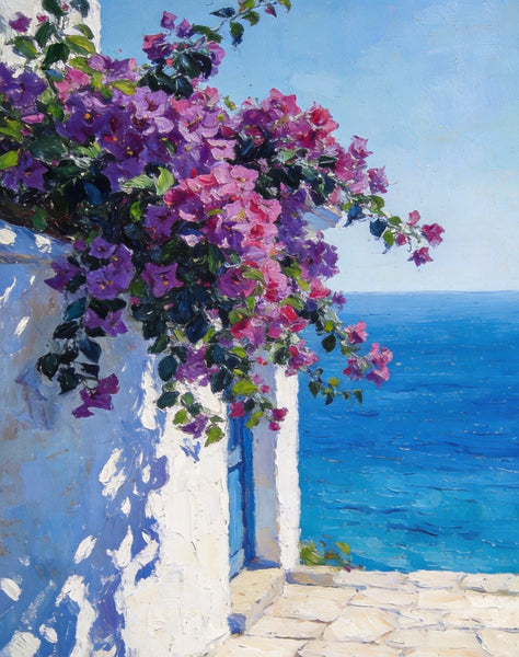 Blooming Purple Bougainvillea and the Azure Mediterranean, Original Landscape Paintings, Hand Painted Canvas Art, Small Canvas Wall Art Paintings, Original Oil Paintings