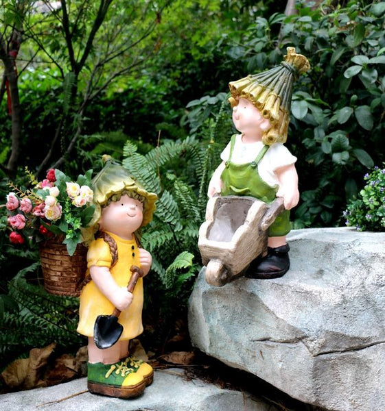 Large Boy Cart and Girl Carry Basket Statues, Flower Pot, Garden Courtyard Ornament, Gardening Ideas, House Warming Gift-Grace Painting Crafts