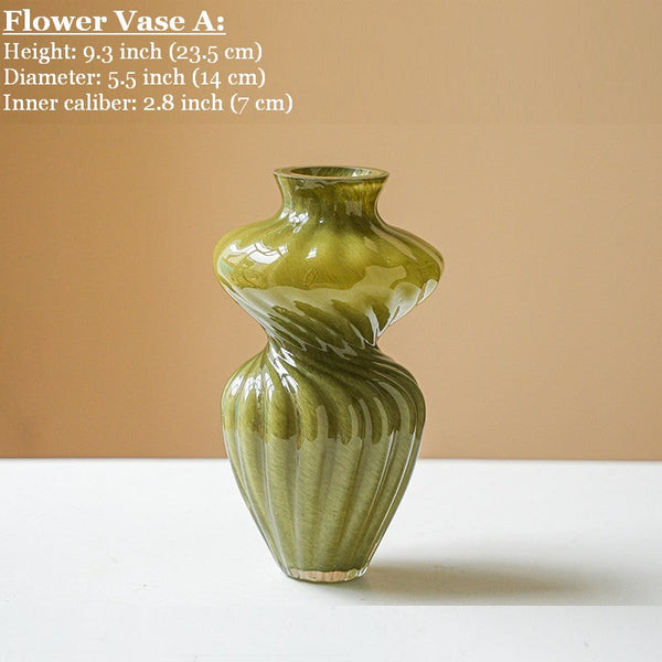 Handmade Contemporary Glass Vases, Modern Green Vases for Living Room, Mid Century Vases for Flowers, Unique Decorative Glass Vase, Centerpiece Vases on Table-Grace Painting Crafts