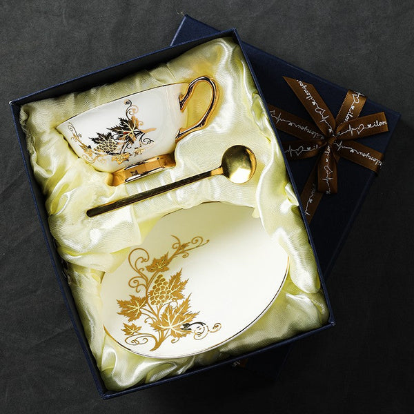 Golden Leaves and Grapes Porcelain Tea Cup Saucer Set, 7.4 oz British Tea Cup and Saucer in Gift Box, Elegant British Ceramic Coffee Cups-Grace Painting Crafts