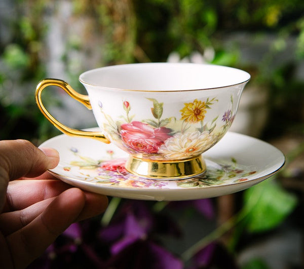 Elegant Rose Flower Ceramic Cups, Unique Royal Coffee Cup and Saucer, Creative Bone China Porcelain Tea Cup Set, Beautiful British Tea Cups-Grace Painting Crafts