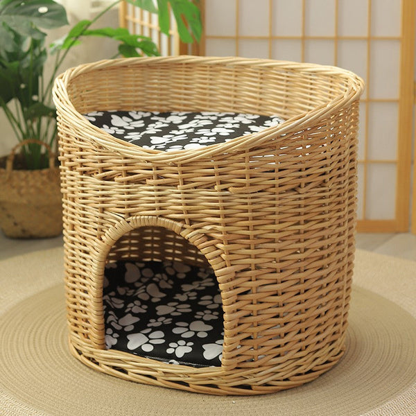 Washable Wicker Cat Bed, Wicker Cat House with Washable Cushion for Indoor Cats and Dogs-Grace Painting Crafts