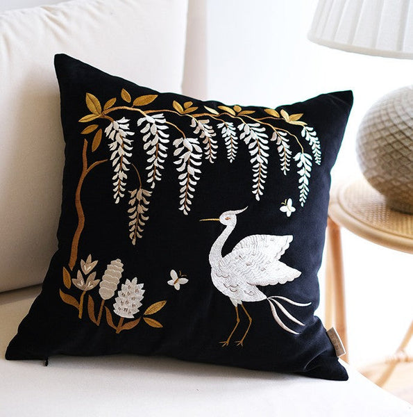 Decorative Pillow Arrangement Ideas for Bed, Embroidered Egret Cushion, Vintage Decorative Pillows, Luxury Decorative Pillows for Couch, Modern Throw Pillows for Couch-Grace Painting Crafts