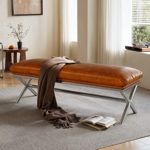 Upholstered Shoe Bench, Contemporay Bedroom Bench, Luxury Genuine Leather Entry Bench, Narrow Entryway Bench, Modern Shoe Changing Ottoman, Mid-Century Hall Bench-Grace Painting Crafts