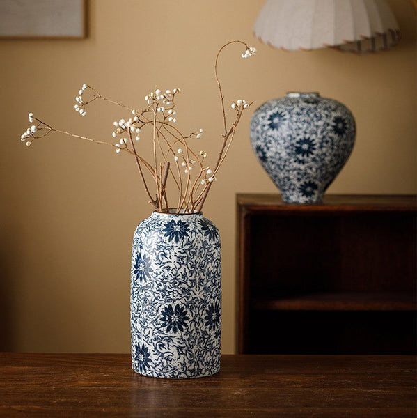 Centerpiece on Dining Table, Large Blue Flower Vase on Table, Vintage Bouquet Flower Vases, Handmade Porcelain Flower Vases Urn, Water Holding Flower Vases-Grace Painting Crafts