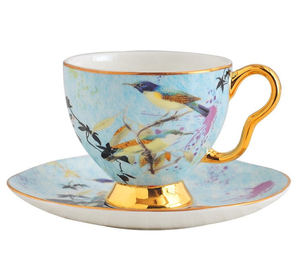 Elegant Ceramic Coffee Cups, Unique Bird Flower Tea Cups and Saucers in Gift Box as Birthday Gift, Beautiful British Tea Cups, Royal Bone China Porcelain Tea Cup Set-Grace Painting Crafts