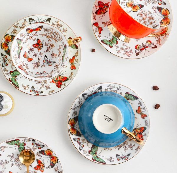 Creative Butterfly Ceramic Coffee Cups, Unique Butterfly Coffee Cups and Saucers, Beautiful British Tea Cups, Creative Bone China Porcelain Tea Cup Set-Grace Painting Crafts