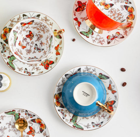 Creative Butterfly Ceramic Coffee Cups, Unique Butterfly Coffee Cups and Saucers, Beautiful British Tea Cups, Creative Bone China Porcelain Tea Cup Set-Grace Painting Crafts