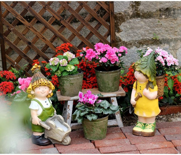 Large Boy Cart and Girl Carry Basket Statues, Flower Pot, Garden Courtyard Ornament, Gardening Ideas, House Warming Gift-Grace Painting Crafts