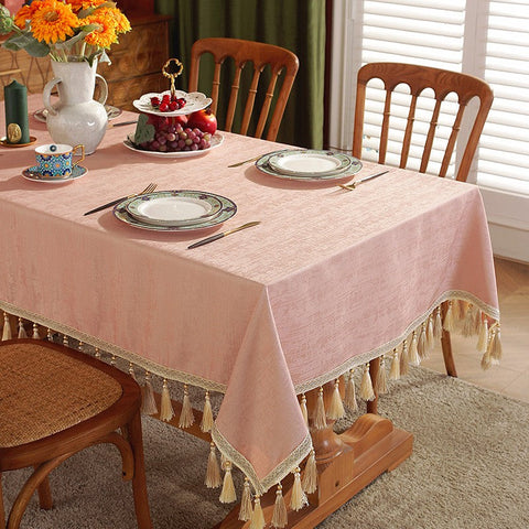 Pink Fringes Tablecloth for Home Decoration, Modern Rectangle Tablecloth, Large Simple Table Cover for Dining Room Table, Square Tablecloth for Round Table-Grace Painting Crafts