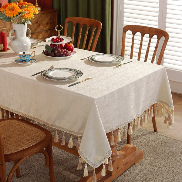 Modern Rectangle Tablecloth for Kitchen, Beige Fringes Tablecloth for Home Decoration, Square Tablecloth for Round Table, Large Simple Table Cloth for Dining Room Table-Grace Painting Crafts