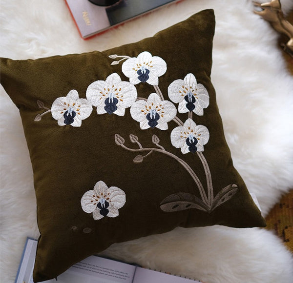 Large Decorative Pillows for Couch, Dark Olive Green Embroidered Moth Orchid Cushion, Decorative Pillow Arrangement Ideas for Couch, Living Room Decorative Pillows, Modern Throw Pillows for Bedroom-Grace Painting Crafts