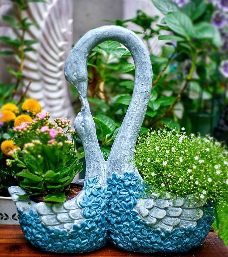 Large Mother and Baby Swans for Garden, Swan Flowerpot, Animal Statue for Garden Courtyard Ornament, Villa Outdoor Decor Gardening Ideas-Grace Painting Crafts