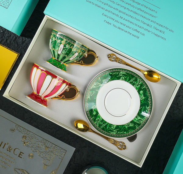 Elegant Ceramic Coffee Cups, Beautiful British Tea Cup with Saucer, 8 Ounce Porcelain Tea Cup Saucer Set of 2 Cups, Unique Tea Cup and Saucer in Gift Box as Birthday Gift-Grace Painting Crafts
