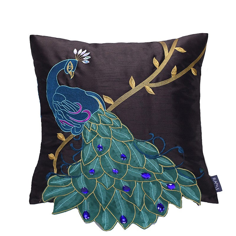 Embroidered Peacock Cotton Linen Pillow Cover, Decorative Sofa Accent Pillow, Intricate Bird Embroidery Art, Exotic Peacock Feather Design, Vibrant Teal Blue Pattern, Handmade Bohemian Cushion Cover, Luxury Living Room Throw, Elegant Nature Inspired Decor, Soft Comfortable Linen Blend, Statement Home Accessory Gift