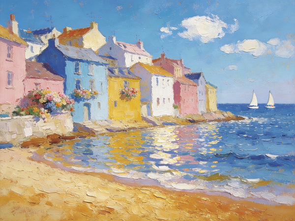 Landscape Canvas Paintings, Ocean Front Town Allure, Seashore Beach Paintings, Small Landscape Paintings on Canvas, Palette Knife Oil Paintings, Hand Painted Canvas Art, Original Oil Paintings-Grace Painting Crafts
