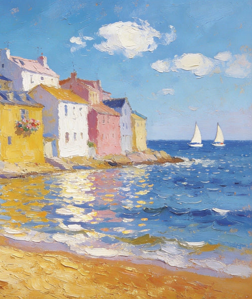 Landscape Canvas Paintings, Ocean Front Town Allure, Seashore Beach Paintings, Small Landscape Paintings on Canvas, Palette Knife Oil Paintings, Hand Painted Canvas Art, Original Oil Paintings-Grace Painting Crafts