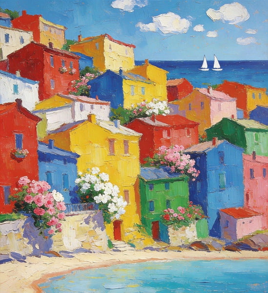 Heavy Texture Wall Art Paintings, Coastal Town Blissful Scene, Small Paintings On Canvas, Hand Painted Canvas Art, Original Landscape Art, Buy Original Paintings-Grace Painting Crafts