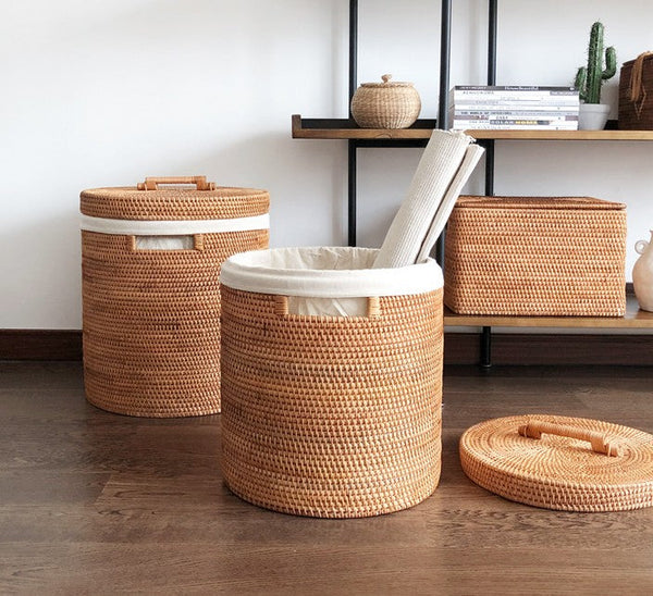 Large Laundry Storage Basket with Lid, Large Rattan Storage Basket for Bathroom, Woven Round Storage Basket for Clothes-Grace Painting Crafts