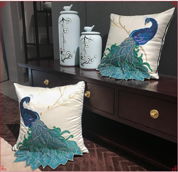 Embroidered Peacock Cotton Linen Pillow Cover, Exotic Bird Decorative Throw, Vibrant Blue Green Embroidery, Artistic Sofa Pillow Home Decor, Intricate Peacock Feather Design, Luxury Couch Cushion Cover, Bohemian Living Room Accent, Handmade Textile Art Pillow, Opulent Nature Inspired Decor, Statement Piece For Bedroom