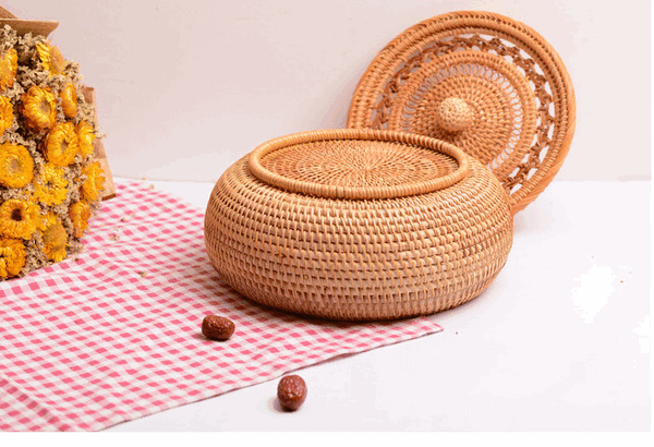 Woven Storage Basket with Lid, Lovely Rattan Round Storage Basket, Round Storage Basket for Kitchen-Grace Painting Crafts