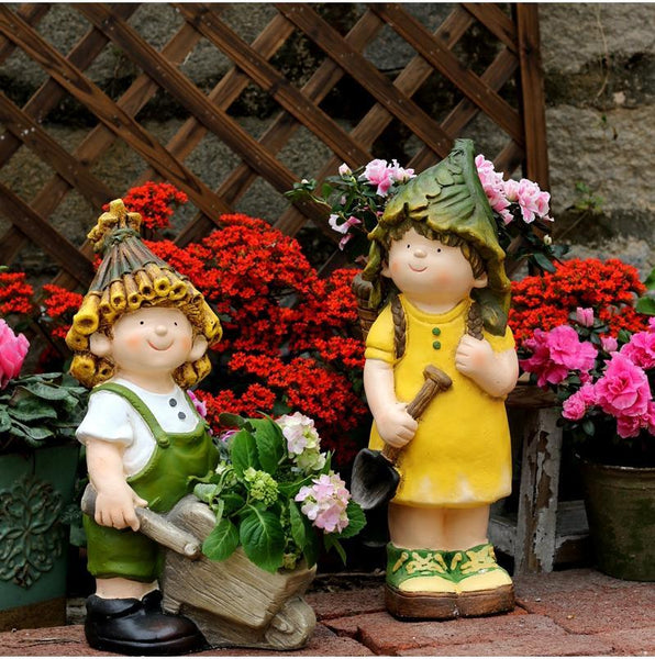 Large Boy Cart and Girl Carry Basket Statues, Flower Pot, Garden Courtyard Ornament, Gardening Ideas, House Warming Gift-Grace Painting Crafts