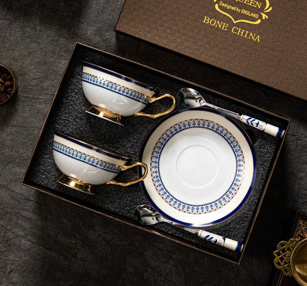 Elegant British Ceramic Coffee Cups, Unique British Tea Cup and Saucer in Gift Box, Blue Bone China Porcelain Tea Cup Set-Grace Painting Crafts