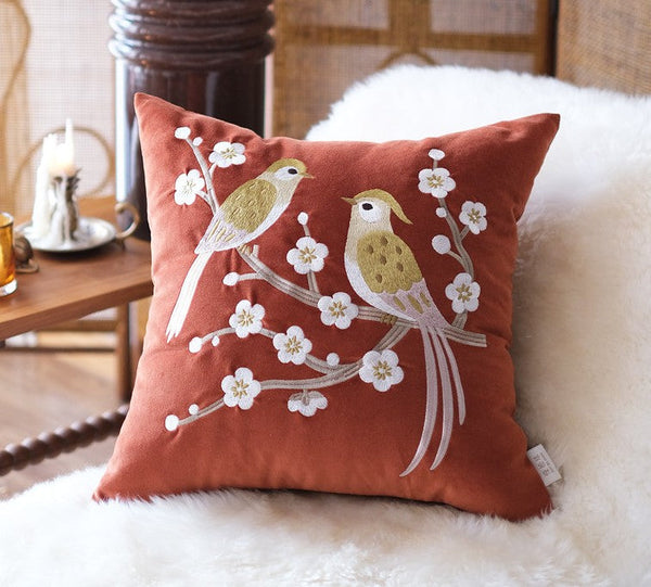 Modern Throw Pillows for Bedroom, Decorative Pillows for Couch, Vintage Decorative Pillows, Embroidered Birds Cushion, Decorative Pillow Arrangement Ideas for Couch-Grace Painting Crafts