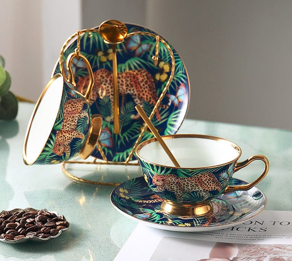 Creative Leopard Ceramic Coffee Cups, 6.8 oz Tea Cup and Saucer in Gift Box as Birthday Gift, Beautiful British Tea Cups, Creative Porcelain Tea Cup Set-Grace Painting Crafts