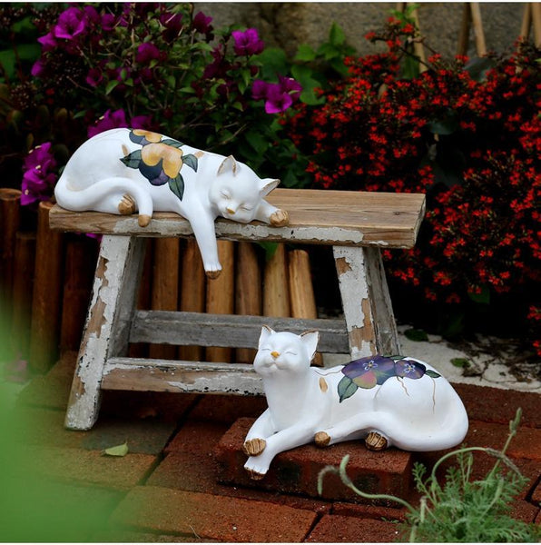 Lovely Cat Statue for Garden Ornament, Sleeping Cats Resin Statues, Garden Courtyard Decoration, Villa Outdoor Decor Gardening Ideas, House Warming Gift-Grace Painting Crafts