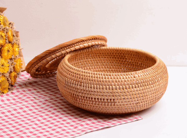 Woven Storage Basket with Lid, Lovely Rattan Round Storage Basket, Round Storage Basket for Kitchen-Grace Painting Crafts