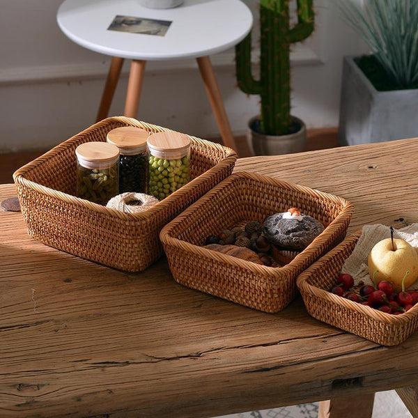 Rectangular Storage Baskets for Pantry, Small Rattan Kitchen Storage Basket, Storage Baskets for Shelves, Woven Storage Baksets-Grace Painting Crafts