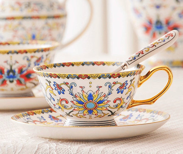 Bohemia Ceramic Coffee Cups, Creative Ceramic Cups, China Porcelain Tea Cup Saucer Set, Unique Traditional Afternoon Tea Cup and Saucer-Grace Painting Crafts