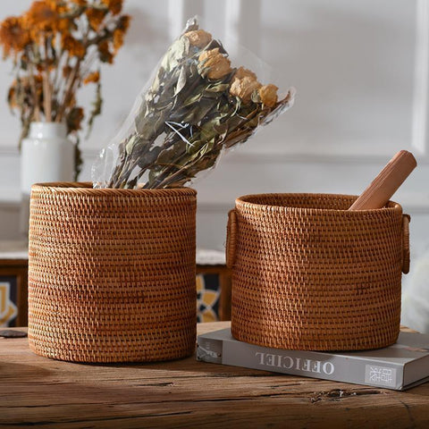 Small Rattan Storage Basket, Round Storage Basket, Woven Storage Basket, Kitchen Storage Baskets-Grace Painting Crafts