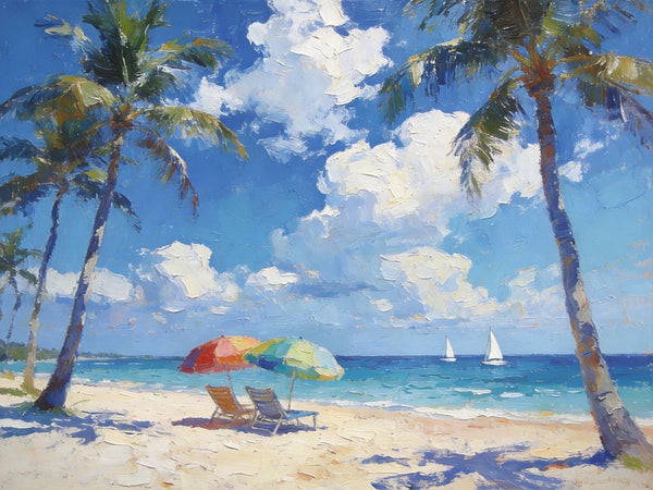Florida Beach Scenery, Summer Resort Paintings, Hand Painted Canvas Art, Original Landscape Paintings, Heavy Texture Artwork, Small Oil Paintings, Buy Painting Online-Grace Painting Crafts